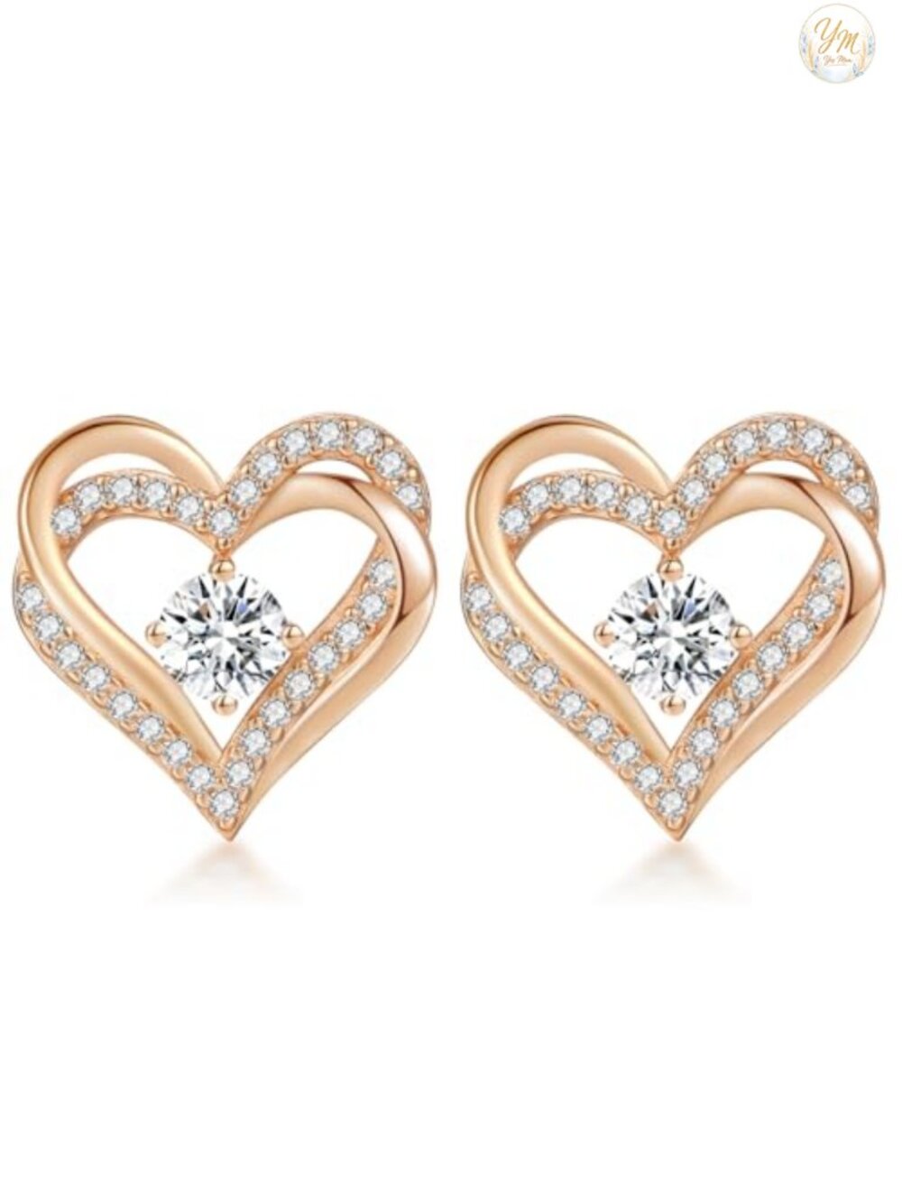 18K Rose Gold Plated Heart Stud Earrings Cubic Zirconia Birthstone Gift for